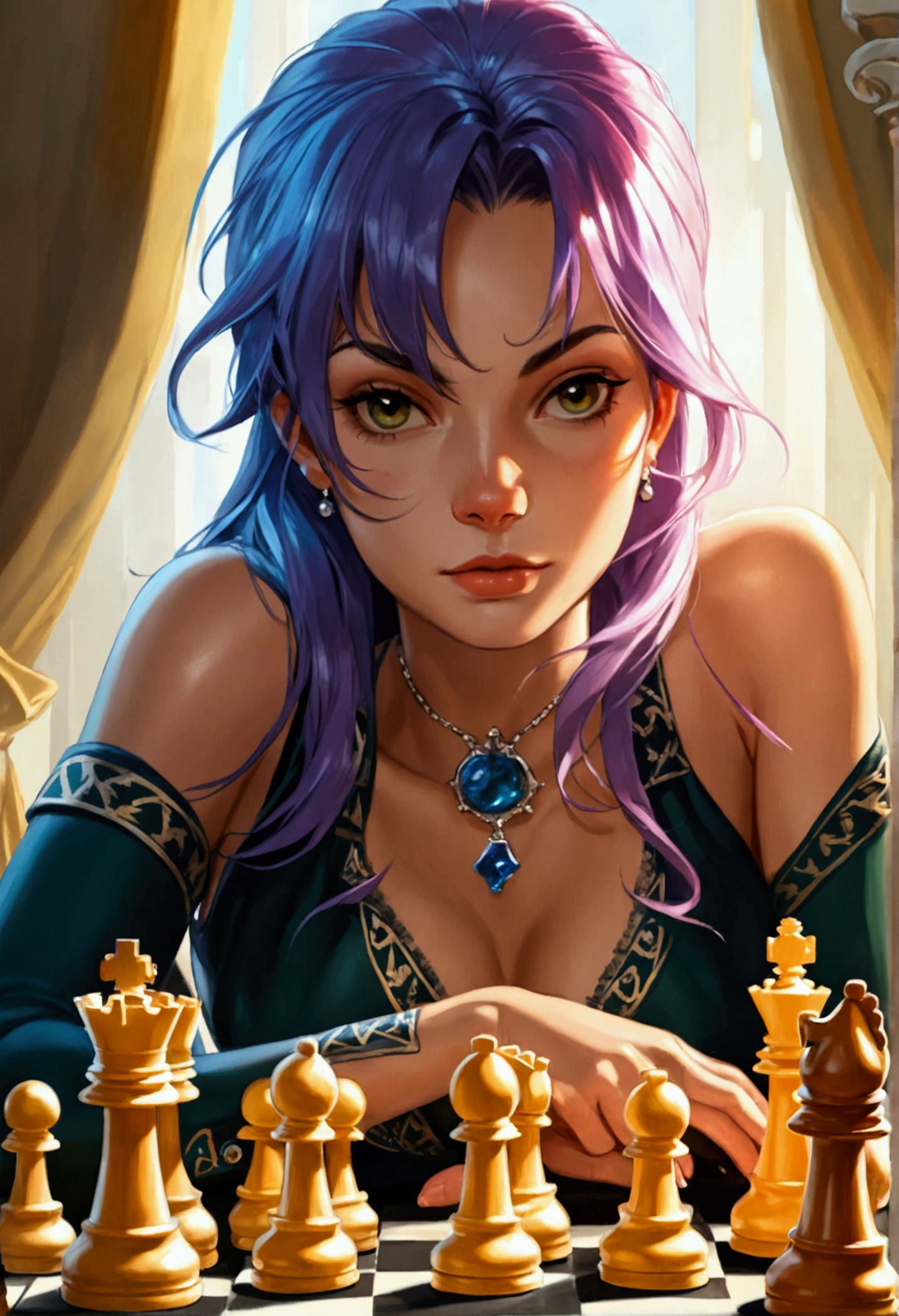 a picture of a woman winning chess game, a beautiful woman ((full body shot: 1.5)), ((anatomically correct: 1.5)) (ultra detailed face: 1.4), dynamic skin complexion, dynamic hair style, dynamic hair color, ((winning a chess game: 1.5)), at chess tournament, she is dressed in elegant dress, intricate dress, dynamic color dress, dynamic style dress, wearing high heels, a look of satisfaction, a look of victory, a look of overcoming great obstacle, chess tournament background,  vibrant, Ultra-high resolution, High Contrast, (masterpiece:1.5), highest quality, Best aesthetics), best details, best quality, highres, 16k, [ultra detailed], masterpiece, best quality, (extremely detailed), Cinematic Hollywood Film style