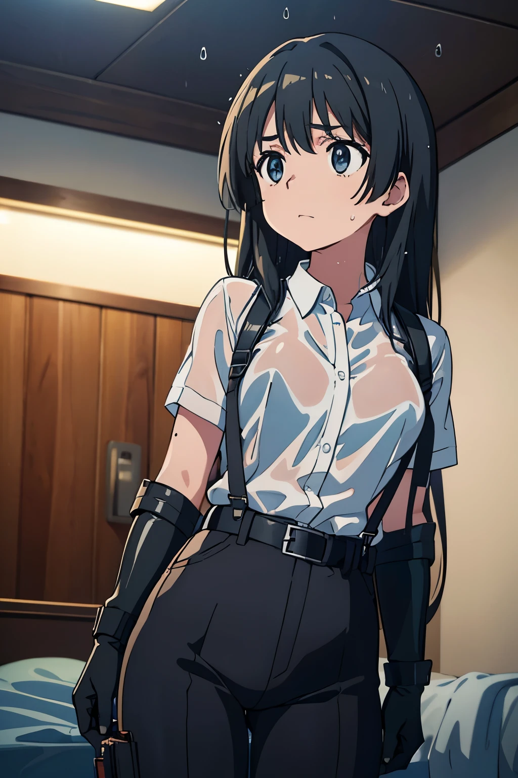 1 female, , high quality, masterpiece, Ultra-high resolution, , Cinema Lighting, , , And the suspenders with the cranes flying　　　Large Breasts　 　 　　　　Small face　 　　　holster　　　　　　　 Lying in bed　Looking up　　　　Sweat 　　　belt　summer　脇Sweat 　Black Hole Gloves　suit　shirt　　Black jacket　 Black trousers　Leg Links　ズボンにbelt　　holster　 　　Hands behind your back　 Anxious expression　Looking up　Anxious face, legs apart　Armament　Handgun　handcuffs　Cable ties　レッグholster　holster　See-through clothing　heavy rain　Getting wet in the rain