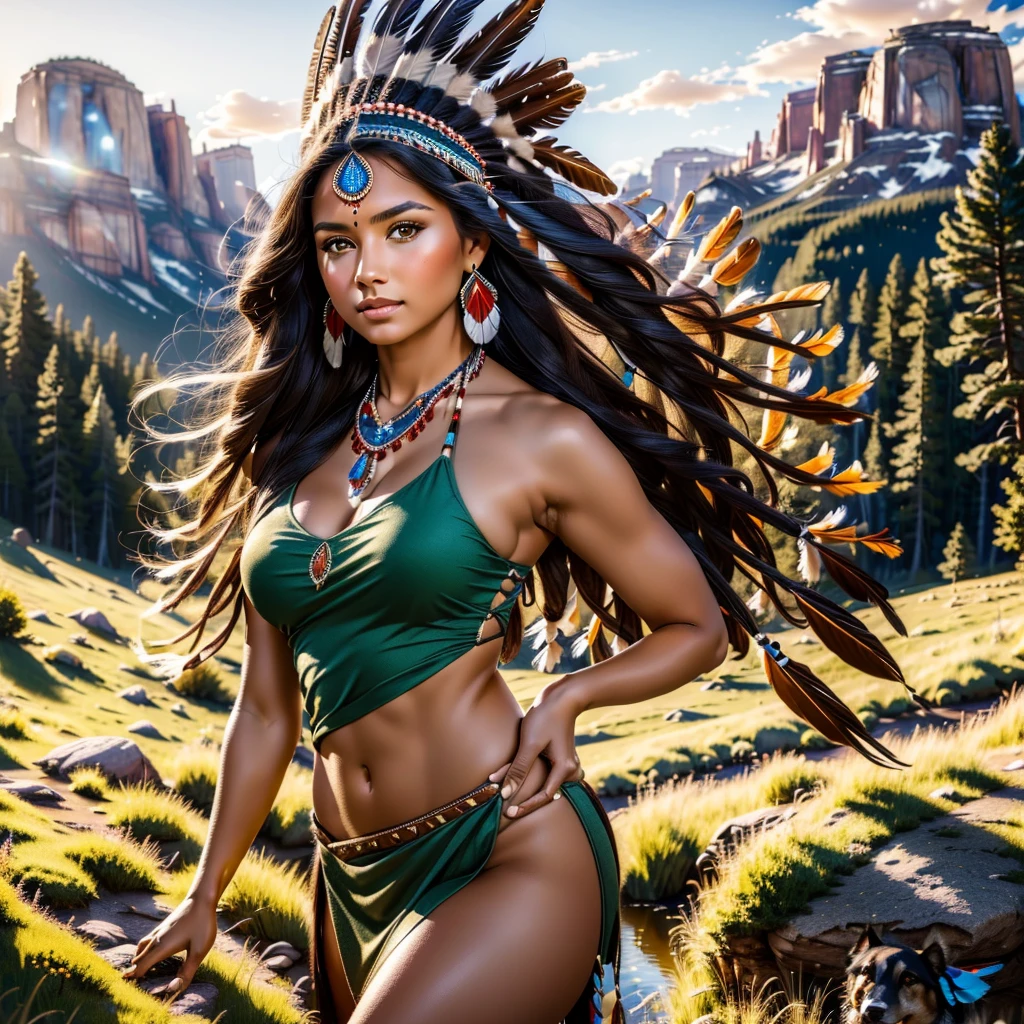 a beautiful native north american woman in sexy native American clothes with her dog, green grass, trees, flowers, mountains, full-lenght, high detailed, realistic full-lenght photo ((best quality)), ((masterpiece)), detailed soft oil painting, detailed background, dramatic cinematic lighting, soft edge lighting, professional, dramatic lighting, hard edge lighting, ultra quality, 4k,(masteriece, best quality, 8k, ultra highres, highres:1.4), extremely detailed, beautiful girl, high detail skin, high detail eyes, high detail hair, high rest , ultra detailed, sharpen picture, Highly detailed, masterpiece, best quality,perky breasts, supermodel body, long hair, native American, dark skin, feathers, hair ornament, jewelry, necklace, tribal, headdress