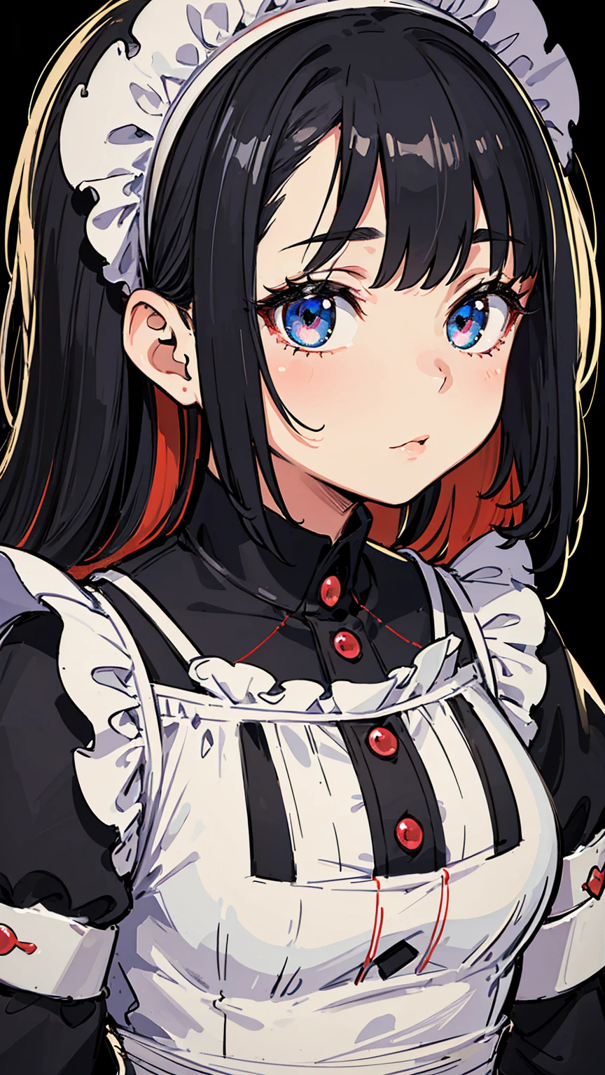 masterpiece, Highest quality, masterpiece, God-like quality, Godly art, Highly detailed face, whole body, cute, Young girl, Big eyes, Long eyelashes, Multicolored Hair, Variegated eyes, Glowing Skin, Maid clothes