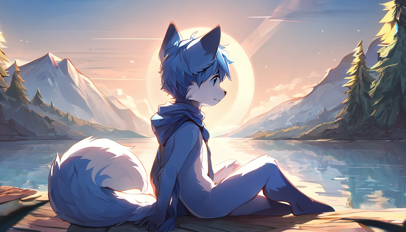 cinematic shadow, high-quality illustrations, dynamic lighting, lens flare, cinematic angle, highres, top quality, best quality,furry male, furry, solo, animal ears, 1boys, tail, blue hair, half, white fur, body fur, two-tone fur, short hair, blue fox ears,, fox boy, fox tail, blue fur, blue scarf, half body character with calm and beautiful lake surrounded by tall trees and mountains. The water could be a deep blue color, and there could be a few clouds in the sky. could be sitting by the lake, looking out at the water and enjoying the peaceful s