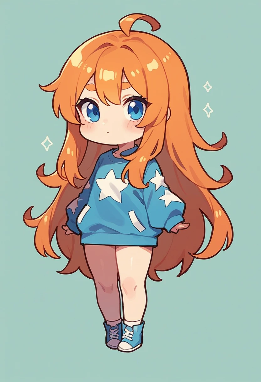 simple background plain background,
full body, chibi, girl,
long hair, orange hair, blue eyes, blue clothes