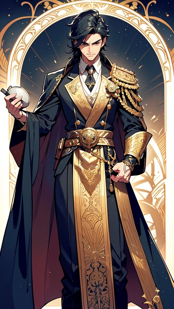 The main character is a young man in his late s with a commanding and regal presence. He has a tall and athletic build, with a strong posture that exudes confidence and pride. His hair is jet black, falling in smooth, slightly wavy locks down to his shoulders. His eyes are a piercing blue, sharp and intense, reflecting his intelligence and determination.
He wears an elegant and elaborate outfit befitting his royal status. His attire includes a dark, richly embroidered cloak with silver and gold accents, a high-collared shirt, and fitted trousers. He also wears a belt with an ornate buckle and leather boots that reach up to his knees. His hands are often gloved, and he carries a sword with an intricately designed hilt at his side.
His facial features are chiseled and handsome, with a strong jawline and high cheekbones. His expression is often one of calm assurance, with a slight smirk that hints at his pride and confidence. He also bears a symbol of pride, such as a distinctive mark or amulet, which signifies his inherited sin of pride.