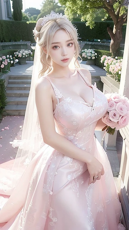 ((Highest quality))、((Very detailed))、(Huge breasts:1.4)、(Wide Hips:1.2)、20-year-old、(Detailed eyes:1.3)、Beautiful body lines、(Random gravure idol poses)、Platinum Blonde Hair、(Pink Wedding Dress:1.4)、garden、wedding、Detailed embroidery、Selfie