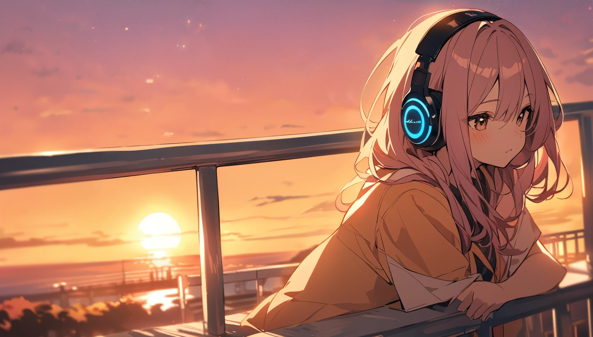 On the bridge dyed in the sunset、A girl wearing headphones leaning against a railing and looking into the distance。