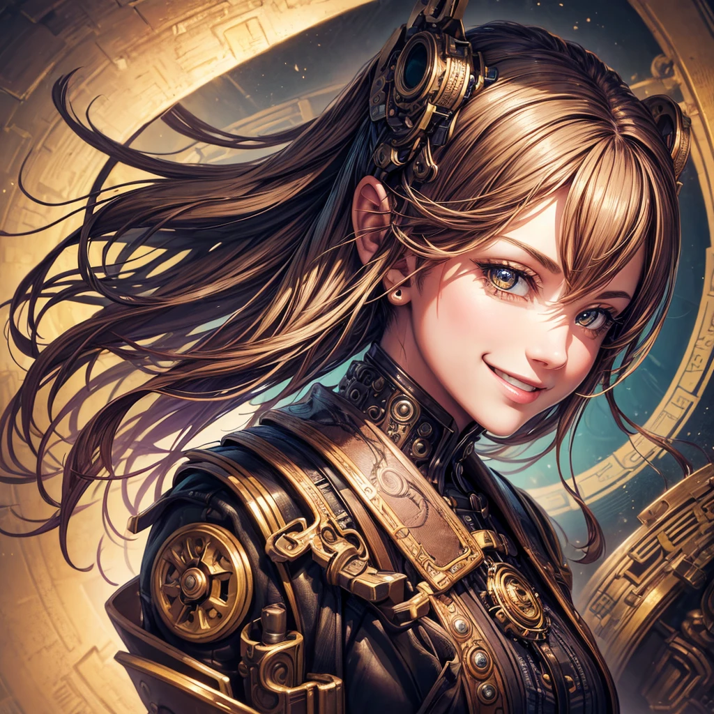 Smiling 1girl with steampunk fashionable bionic arms, Shot in ultra-high resolution,Features realistic and beautiful lighting. This masterpiece is of the best quality,with zentangle abstract background as background (weighted to 1.4).