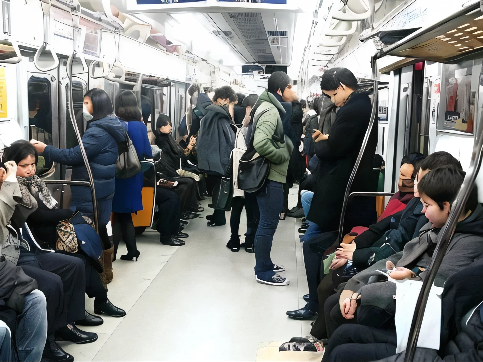 In a crowded train, all seats are occupied by young people, the seats are arranged in a single row, viewed from the side, with a dark color tone, and the people's expressions are not clearly visible.