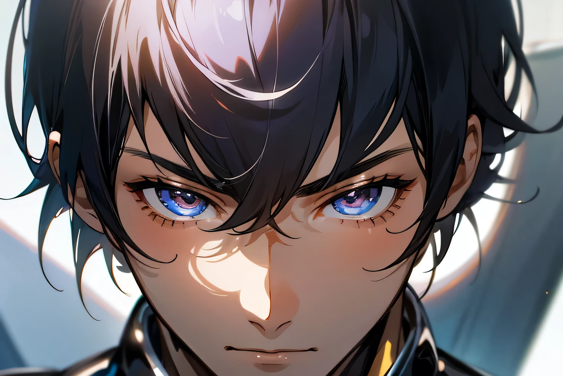 Japanese male handsome model Black Hair Short cut looking at the camera Shiny full-body silver suit Shiny silver latex suit A close-up of a fearless face Handsome