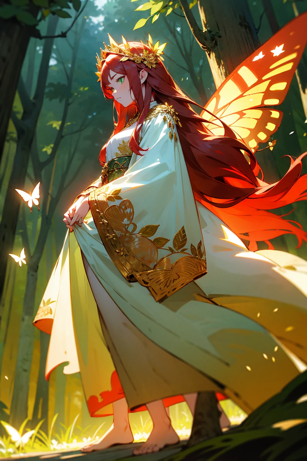 1female, long red hair with ombre tips, green eyes, floral crown, flowing white dress with intricate gold embroidery, barefoot, forest glade background with glowing butterflies, masterpiece, 8k, detailed face, hands to side, standing on path