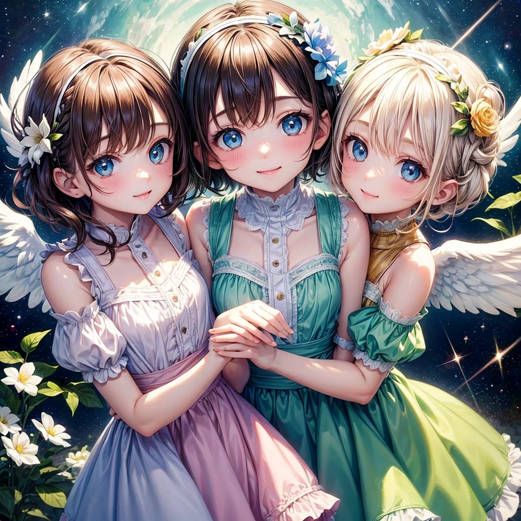 top quality, pastel painting, mild atmosphere, Twin girls angel, Cute, White Wings, smiling happily, Short brown hair of different colors, one with blue eyes, one with green eyes, clothes of different colors, flower hair accessories, Upper Body, looking at the audience, space, meteor, Light,
