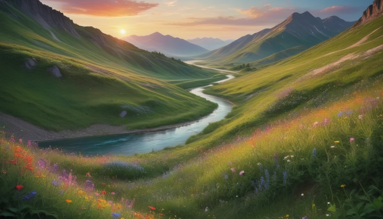 xl_kk, summer landscape, foreground of vibrant wildflowers on a rolling hill, winding river leading to a small lake, backdrop of pinty mountains of soft colour, setting sun, few volumetric clouds, vivid colours,  