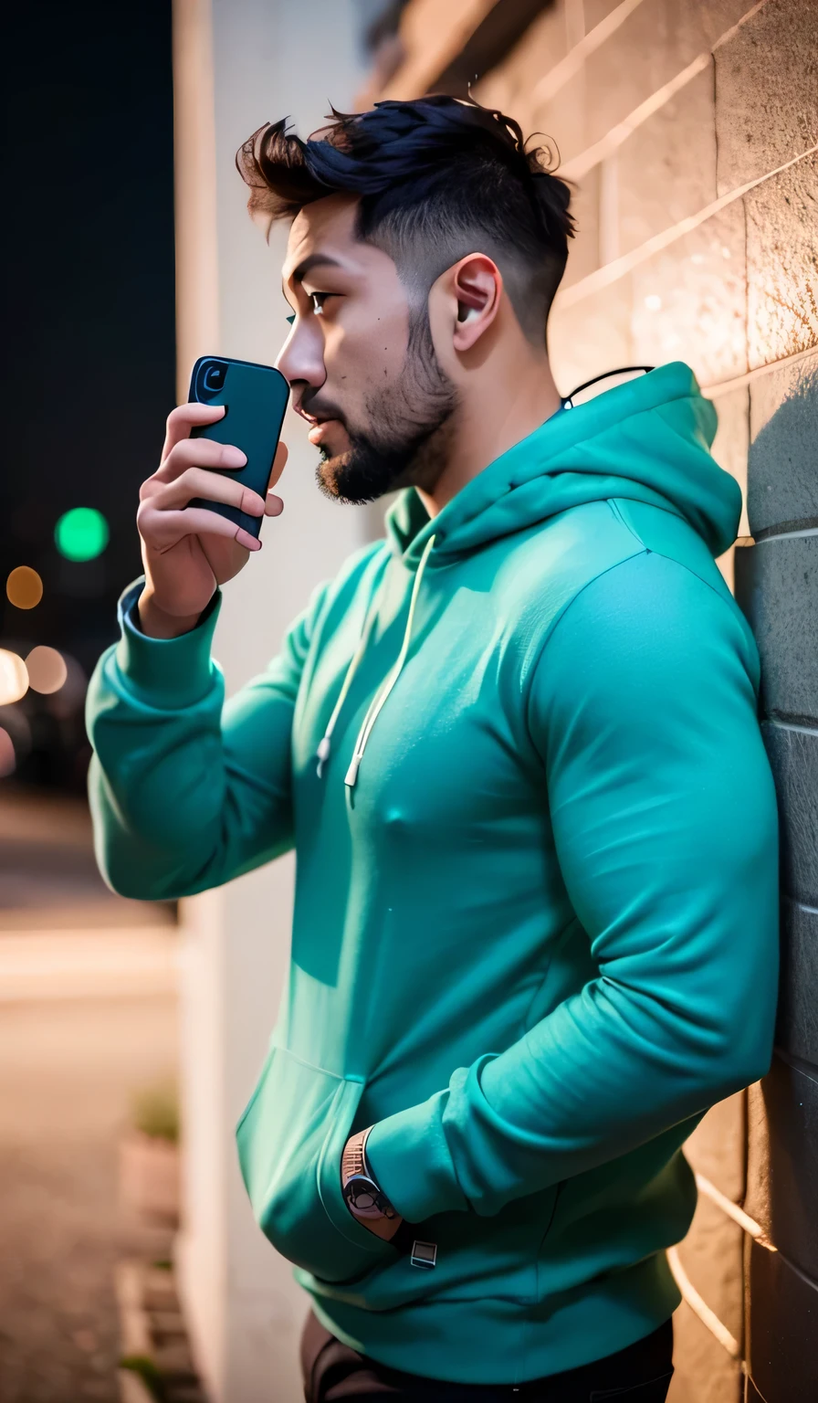 british arafed man in a green hoodie standing against a wall,using phone ,night lights mark edward fischbach, ,little beard,heavy hairs, profile picture 1024px, wearing a neon blue hoodie, khyzyl saleem, enes dirig, with teal clothes, style, markiplier, headshot profile picture,