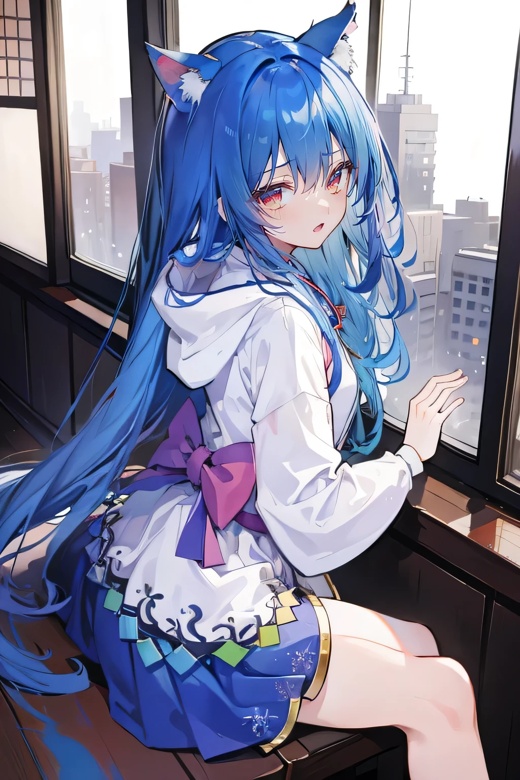 (masterpiece:1.2),Super detailed,lifelike,Expressive eyes,fair skin,perfect face shape,1 girl,
Japanese comics,Gorgeous blue hair,flowing blue hair,flowing clothes,Cat ears,Petals fall,beautiful lola,Baby Angel,
Shaking head with one hand,Cross your legs,smile, wearing hoodie, ,back views,snowing, winter,City Street Scene,winter。sitting on window, looking out the window,Turn your back to the audience。