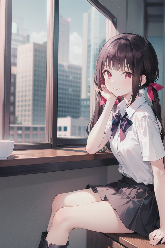 (masterpiece), (Highest quality), (figure), (Beautiful details), (High resolution), One girl, alone, View your viewers, Sitting, Sitting on desk, From the side, put your hand on your face, Day没, Day, School, (Tuxedo), Long Hair, Red eyes,Black Hair,Putting out your forehead, Low-set twin tails, Frills, ribbon, short boots, black hair ribbon, White shirt, smile, blush, indoor, window, [building]