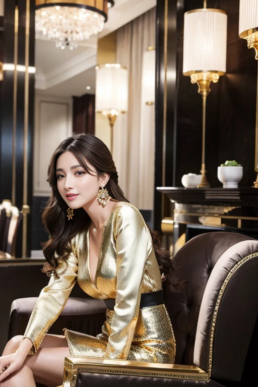 masterpiece, Highest quality, Realistic, Very detailed, Finer details, High resolution, 8k wallpaper, One beautiful woman, Dressed in a lovely gold and black racing queen outfit, In a great hotel room, At night, Light brown messy hair, Perfect dynamic composition, Beautiful and beautiful eyes、Big earrings、He turned around a little and smiled、Sitting in a chair、Stick your butt out、whole body