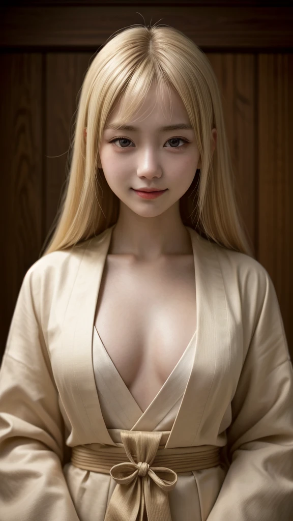 (work of art), a young girl from the Japanese ,ancient japan geishas, Typical luxurious clothes, discreet smile, straight blonde hair, thin body, (high quality, 4k resolution, focus on details, realistic style)