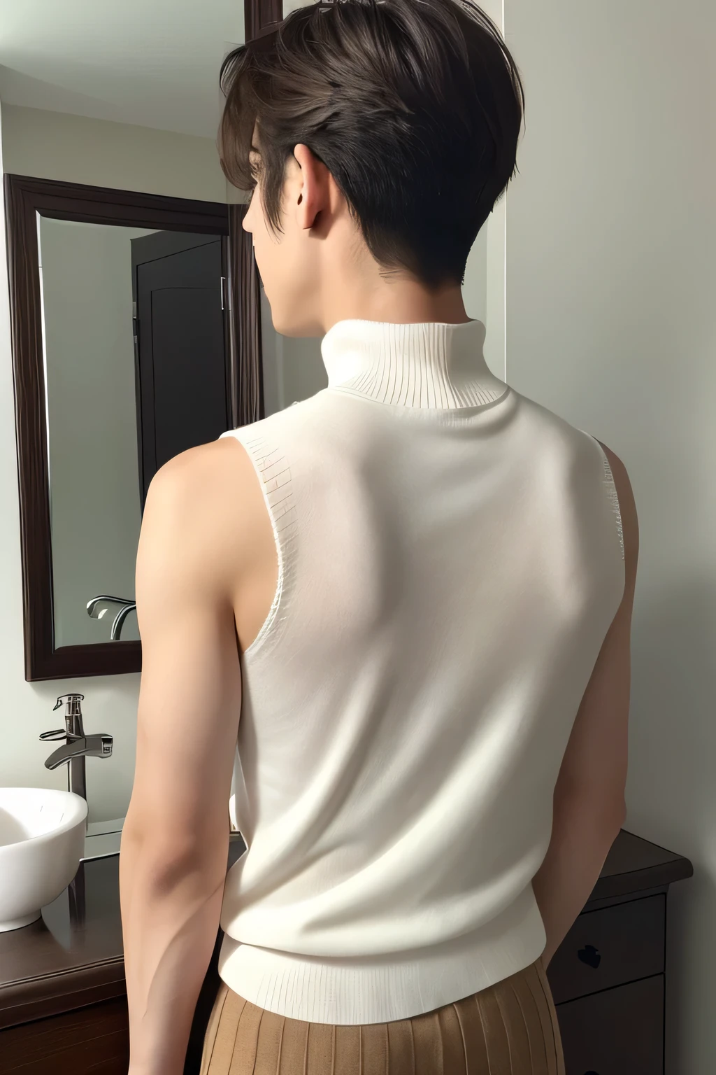 (best quality、On the table、8K、Best image quality、Award-winning works)、A handsome man standing in front of the mirror holding clothes、25 years old、(Solitary:1.1)、Perfect and beautiful composition、Perfect fit、(Emphasize body lines:1.1)、( Berry short hair:1.1)、(Perfect White Turtleneck Sleeveless Knit Sweater:1.2)、(Elegant Melton Skirt:1.2)、(Full body image:1.1)、With his back to me, he showed a troubled expression、(The mirror reflects the handsome man facing me..1)、Attractive figure、Stand gracefully、Drooping eyes、Natural Makeup、Ultra HD Beauty、Ultra HD hair、Ultra-high definition bright eyes、Ultra high resolution glossy lips、Accurate anatomy、(Very bright and vivid:1.3)