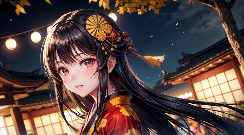 One girl, Long black hair, Brown eyes, Wearing a beautiful Japanese kimono, Gingko tree, Japanese Festivals,night,High resolution, Super sharp, 8k, masterpiece, View your viewers