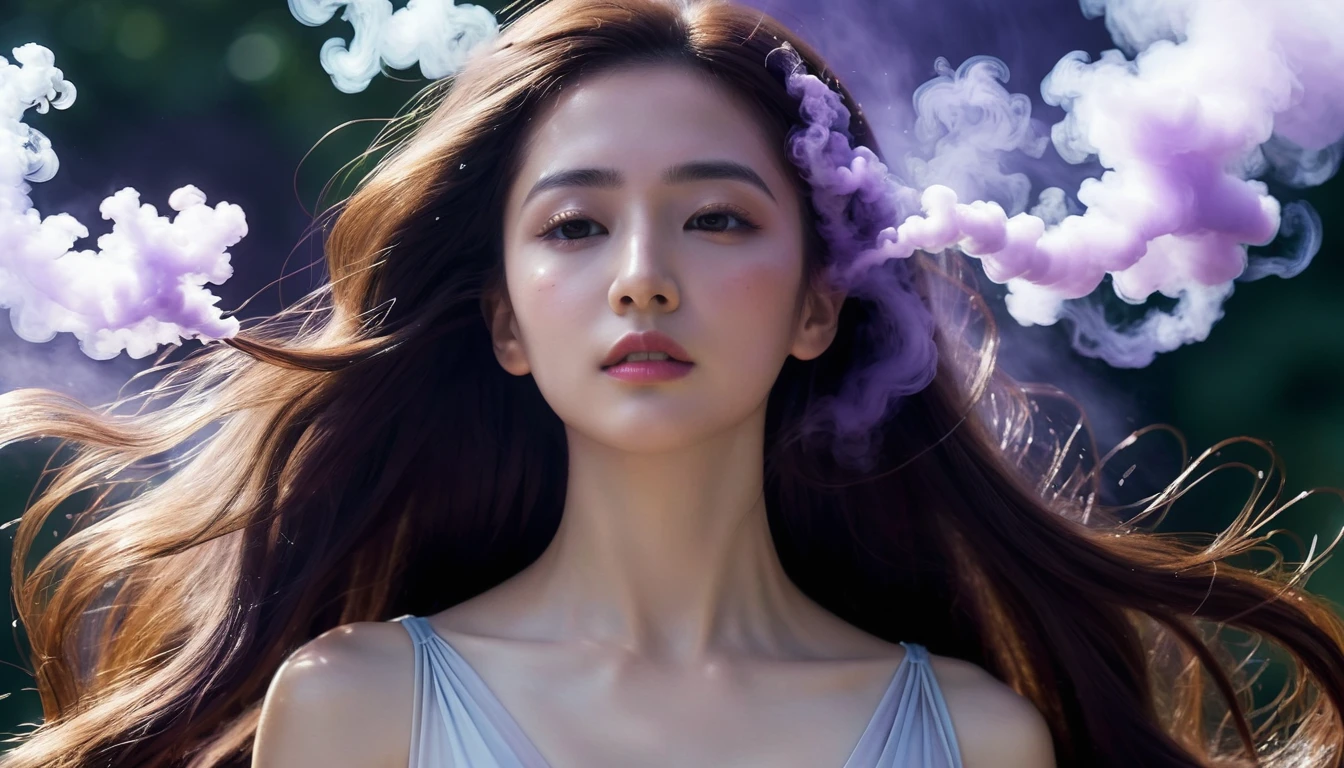 create a bust of an avatar from a ((brunette woman with wavy hair with an air of spirituality)), She has large ((long brown hair)), the background of this image is purple and lilac smoke, ((hair with movements))