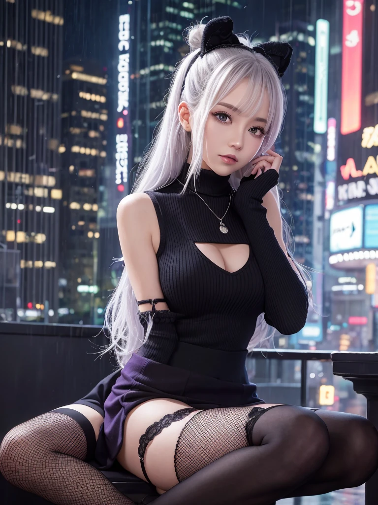 {{Masterpiece}}, {{Best quality}}, Rainy days, Cityscape, In the cyberpunk city, Cityscape, Huge_filesize, the wallpaper, Girl, Medium hair, White hair, Wavy hair, hair-bun, hair pin, purple hairband, Beautiful detailed eyes, Sweater dress, ribbed sweater, Miniskirt, {Sexy lingerie}, {Transparent underwear}, {Arashi}, fishnet stockings, knee_Boots, necklace, Black choker , half gloves , fingerless_mitts, All_all  fours, Skirt lift,