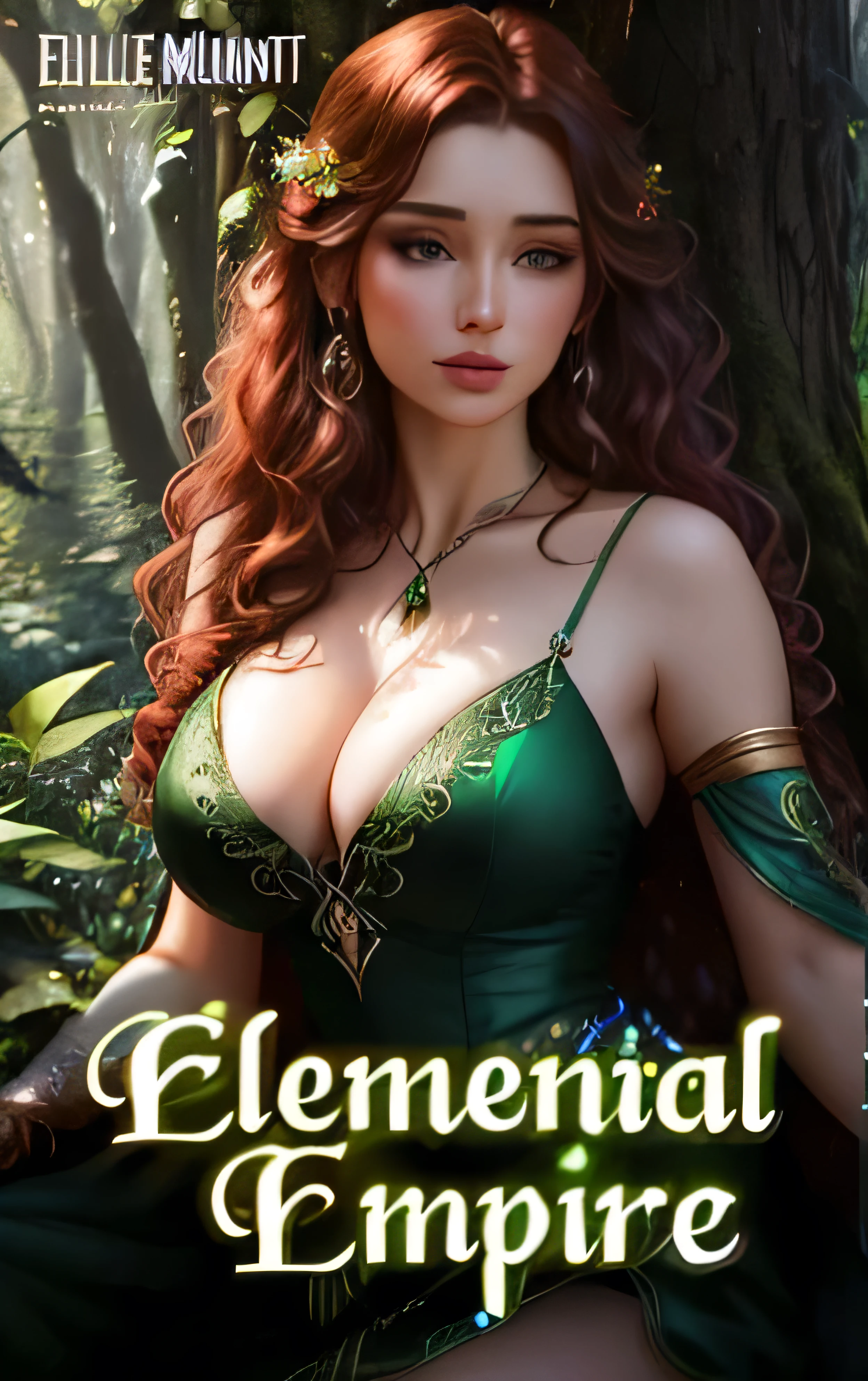 a close up of a woman in a green dress in a forest, elemental, elemental guardian of life, full portrait of elementalist, romance novel cover, fire elemental, young adult fantasy novel cover, fantasy book cover, magical elements, romance book cover, extraterrestrial plants novel, extraordinarily detailed woman, urban fantasy romance book cover, fantasy elements