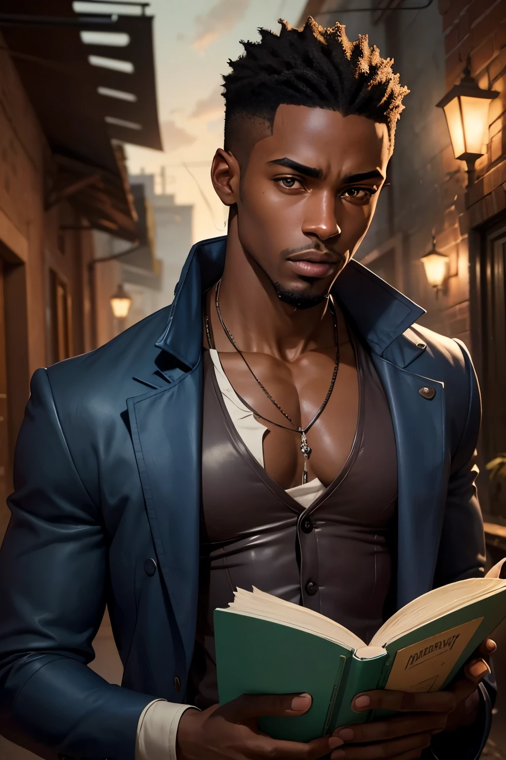 In a hidden alleyway,Kofi jr a handsome dark young man with low cut wearing a shirt and a jacket,looking at a book in his hands with eyes and mouth wide open in shock as he realize the depth of dr.zuri betrayal, as the dim light cast long shadows. 