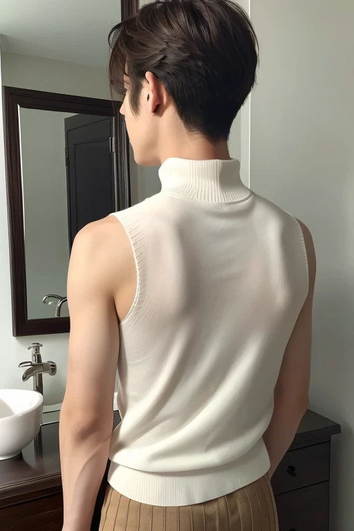 (best quality、On the table、8K、Best image quality、Award-winning works)、A handsome man standing in front of the mirror holding clothes、25 years old、(Solitary:1.1)、Perfect and beautiful composition、Perfect fit、(Emphasize body lines:1.1)、( Berry short hair:1.1)、(Perfect White Turtleneck Sleeveless Knit Sweater:1.2)、(Elegant Melton Skirt:1.2)、(Full body image:1.1)、With his back to me, he showed a troubled expression、(The mirror reflects the handsome man facing me..1)、Attractive figure、Stand gracefully、Drooping eyes、Natural Makeup、Ultra HD Beauty、Ultra HD hair、Ultra-high definition bright eyes、Ultra high resolution glossy lips、Accurate anatomy、(Very bright and vivid:1.3)