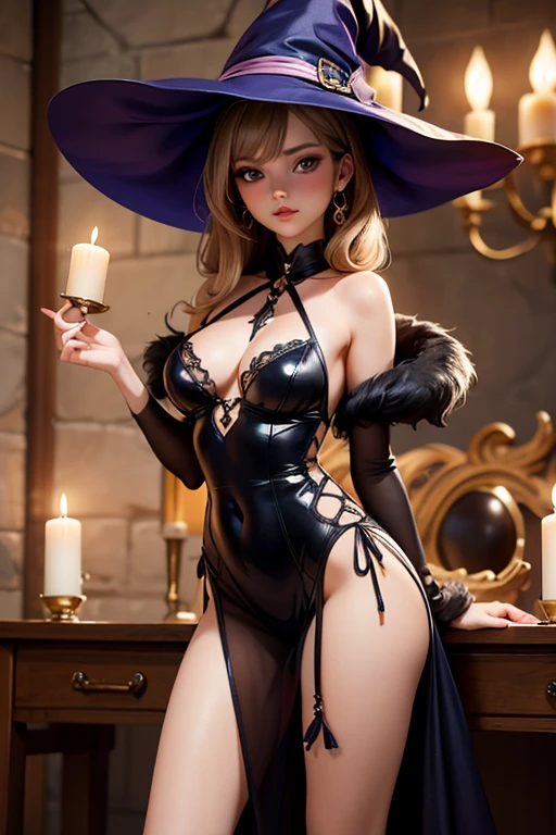 1 woman (Lalisa Manobal, age 25,sheer airy colorful dress) is a seductive witch, seduction magic cast at Conan, high fantasy, exotic bedroom loads of candles and animal furs, sultry poses, disrobing burlesque style
