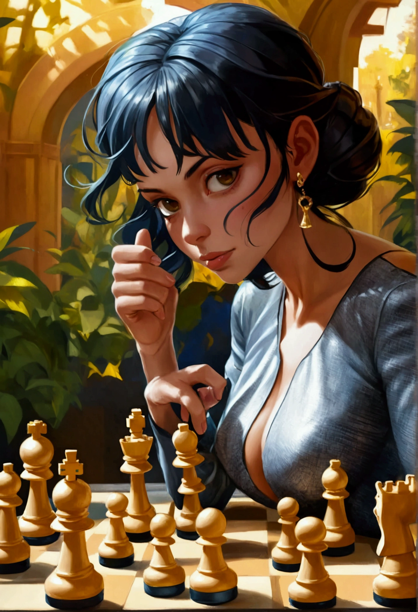 a picture of a woman winning chess game, a beautiful woman ((full body shot: 1.5)), ((anatomically correct: 1.5)) (ultra detailed face: 1.4), dynamic skin complexion, dynamic hair style, dynamic hair color, ((winning a chess game: 1.5)), at chess tournament, she is dressed in elegant dress, intricate dress, dynamic color dress, dynamic style dress, wearing high heels, a ((look of satisfaction: 1.3)), a look of ((victory: 1.3)), a look of overcoming great obstacle, chess tournament background,  vibrant, Ultra-high resolution, High Contrast, (masterpiece:1.5), highest quality, Best aesthetics), best details, best quality, highres, 16k, [ultra detailed], masterpiece, best quality, (extremely detailed), Cinematic Hollywood Film style