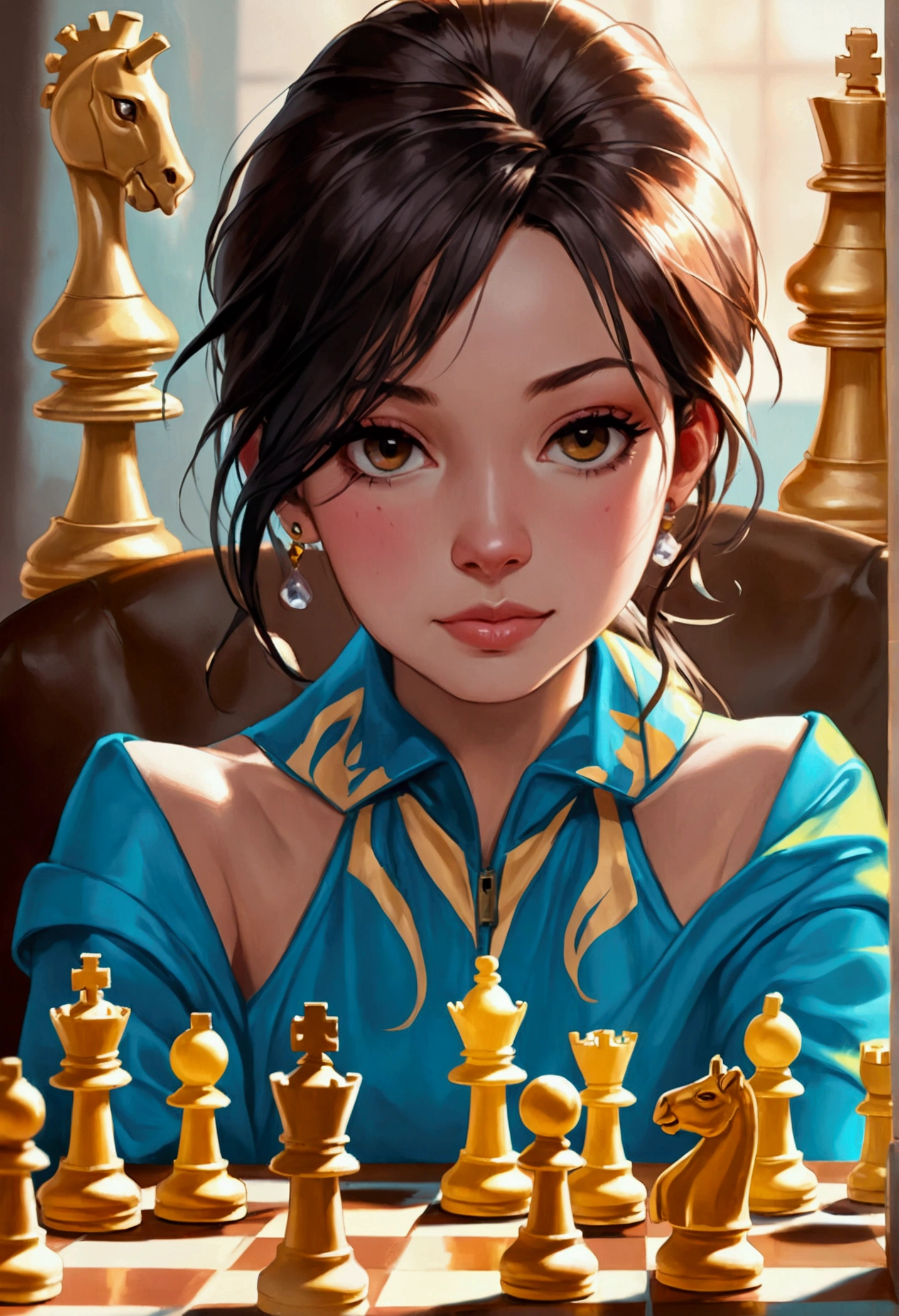 a picture of a woman winning chess game, a beautiful woman ((full body shot: 1.5)), ((anatomically correct: 1.5)) (ultra detailed face: 1.4), dynamic skin complexion, dynamic hair style, dynamic hair color, ((winning a chess game: 1.5)), at chess tournament, she is dressed in elegant dress, intricate dress, dynamic color dress, dynamic style dress, wearing high heels, a ((look of satisfaction: 1.3)), a look of ((victory: 1.3)), a look of overcoming great obstacle, chess tournament background,  vibrant, Ultra-high resolution, High Contrast, (masterpiece:1.5), highest quality, Best aesthetics), best details, best quality, highres, 16k, [ultra detailed], masterpiece, best quality, (extremely detailed), Cinematic Hollywood Film style
