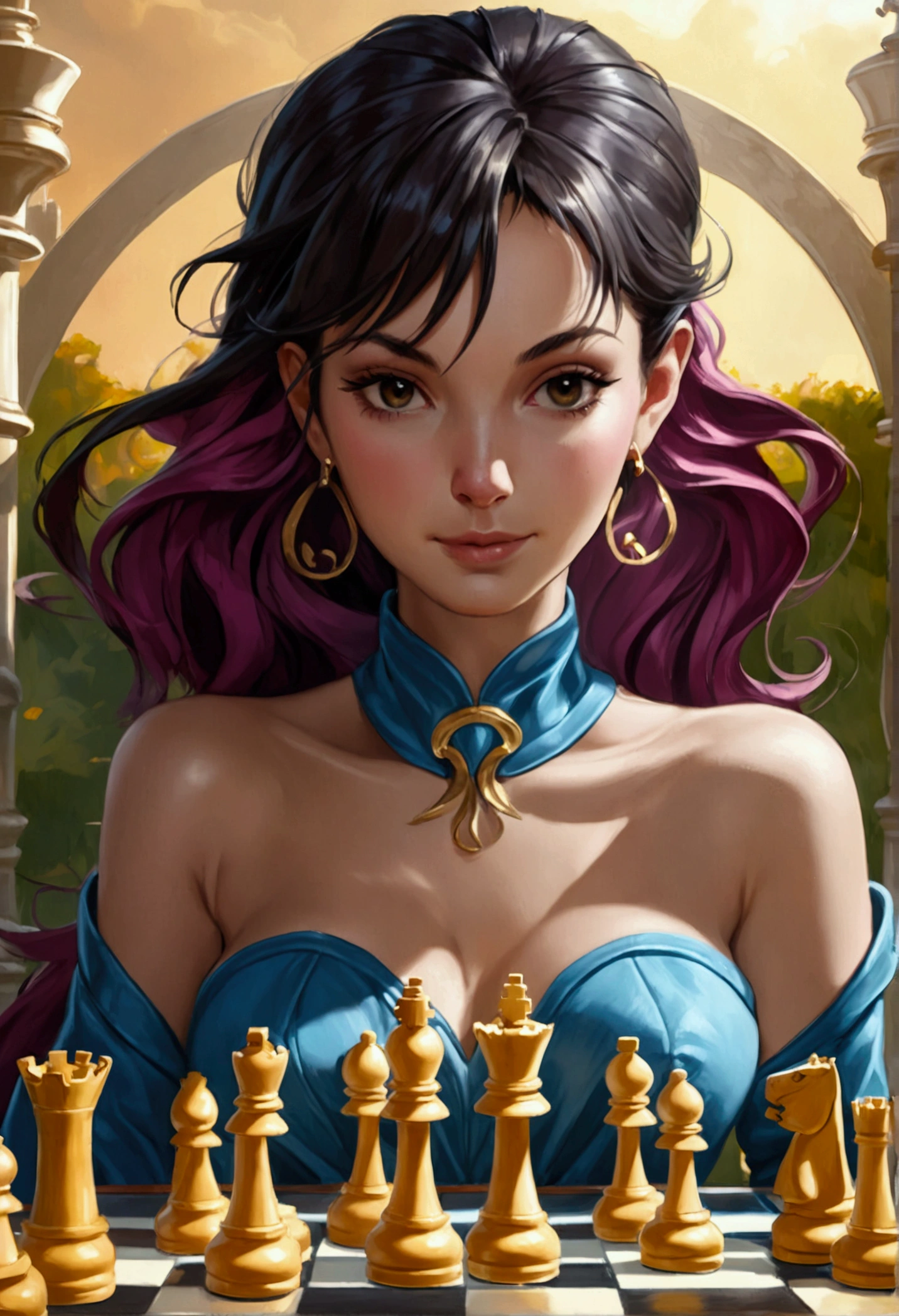 a picture of a woman winning chess game, a beautiful woman ((full body shot: 1.5)), ((anatomically correct: 1.5)) (ultra detailed face: 1.4), dynamic skin complexion, dynamic hair style, dynamic hair color, ((winning a chess game: 1.5)), at chess tournament, she is dressed in elegant dress, intricate dress, dynamic color dress, dynamic style dress, wearing high heels, a ((look of satisfaction: 1.3)), a look of ((victory: 1.3)), a look of overcoming great obstacle, chess tournament background,  vibrant, Ultra-high resolution, High Contrast, (masterpiece:1.5), highest quality, Best aesthetics), best details, best quality, highres, 16k, [ultra detailed], masterpiece, best quality, (extremely detailed), Cinematic Hollywood Film style