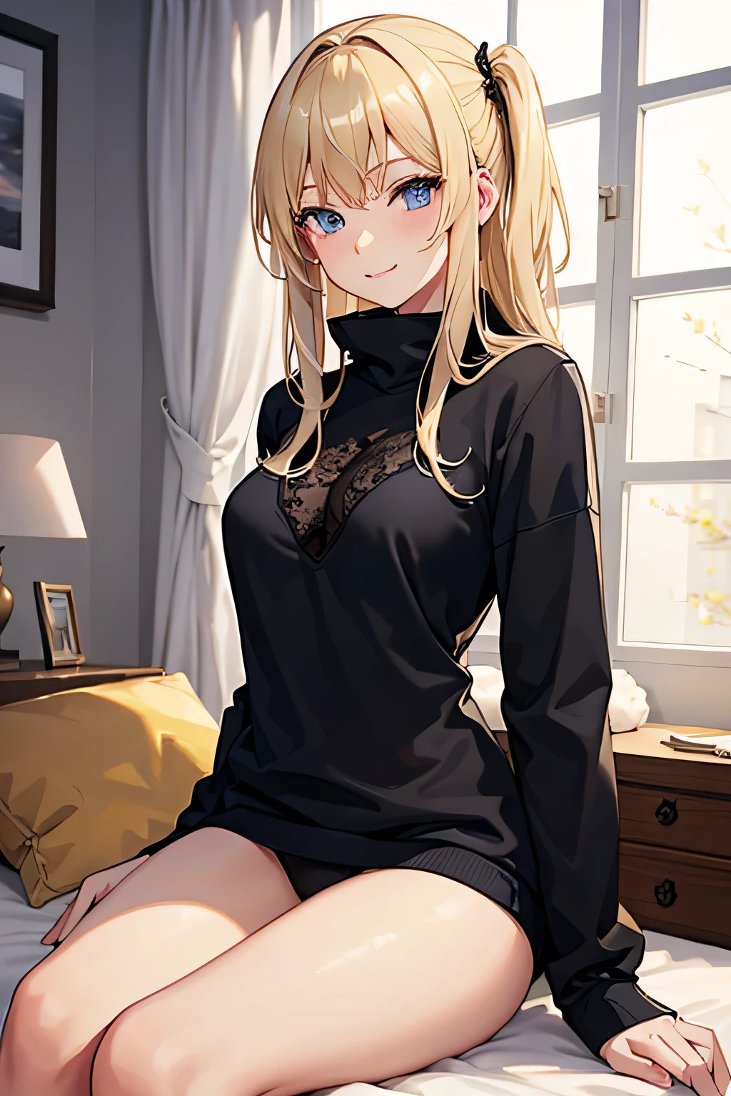 masterpiece, best quality, detailed clothes, young, blonde haired girl, blue eyes, medium breasts, smiling, sitting on bed, teasing, sexy, comfy sweatshirt hoodie, black lace panties
