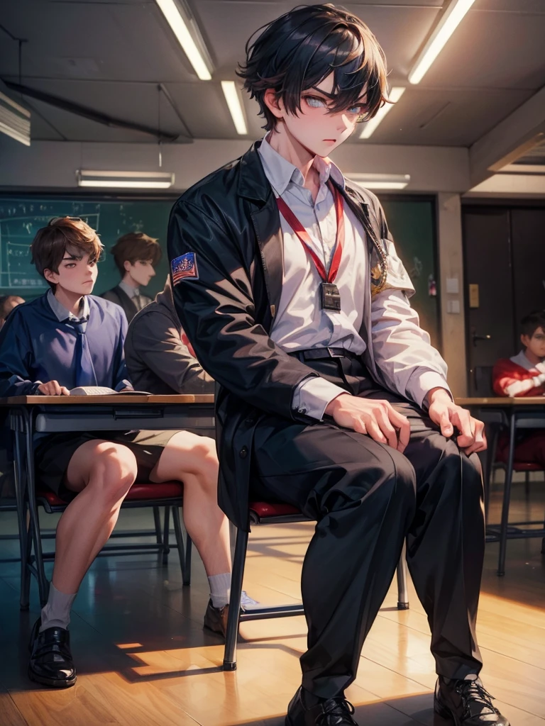 5 teenager males, bullies, Classroom, Condescending Gaze, Glare, dark lighting, UHD, best quality, highres, 8k, school thug. American student