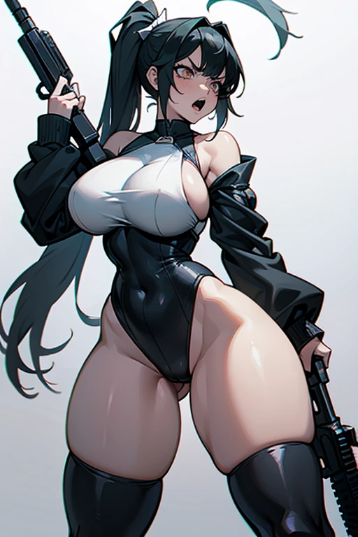 thick hips, thick thighs, platform heels, high cut leotard, huge , thin waist, ponytails hair, weapon, pale skin, gun, angry look, scream, thick body, shoulderless, sleeveless,