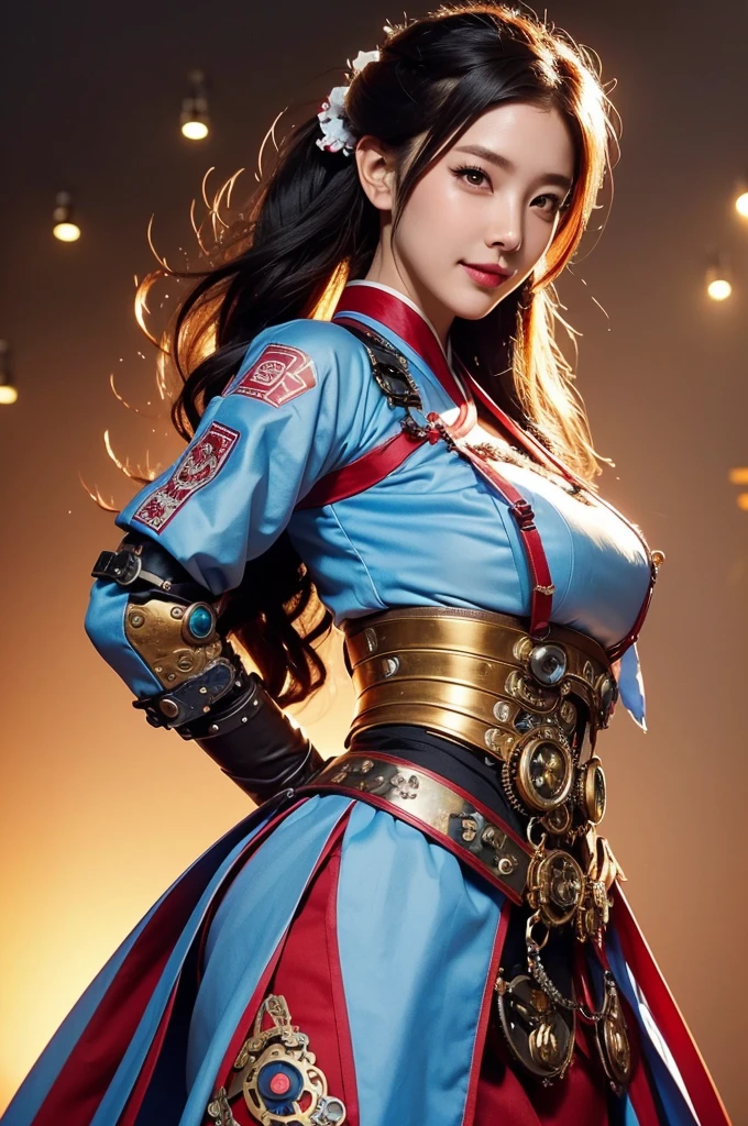 Woman portrait、Highest quality、Rear view、8k,Detailed face, clear, Fine skin、Clear, beautiful eyes、whole body、whole body、Curly Hair、My hair was messed up by the wind、The beauty of a smile、(Glamorous Muscle、tall),(Hip_superior, Hip superior), Mature Woman,( Watching the audience),Realistic, High resolution, Soft Light,1 female, alone, Hipアップ, Glowing Skin, (Detailed face), Sexy smile, Perfect Style, Perfect balance,Black hair,Long Hair,Naughty look,((Steampunk gorgeous hanbok、Geometric pattern)), (Red and white mechs, High-tech Mecha,Beautiful steampunk cyborg woman,Steampunk Mecha Cyborg Girl,Blue steampunk light red and white hanbok、Geometric pattern,silver dress shirt,High leg,Steampunk bodystocking,Gorgeous decorated gold belt,Steampunk bodystocking,elbow gloves),((arms behind back)),(bokeh),(studio lighting)