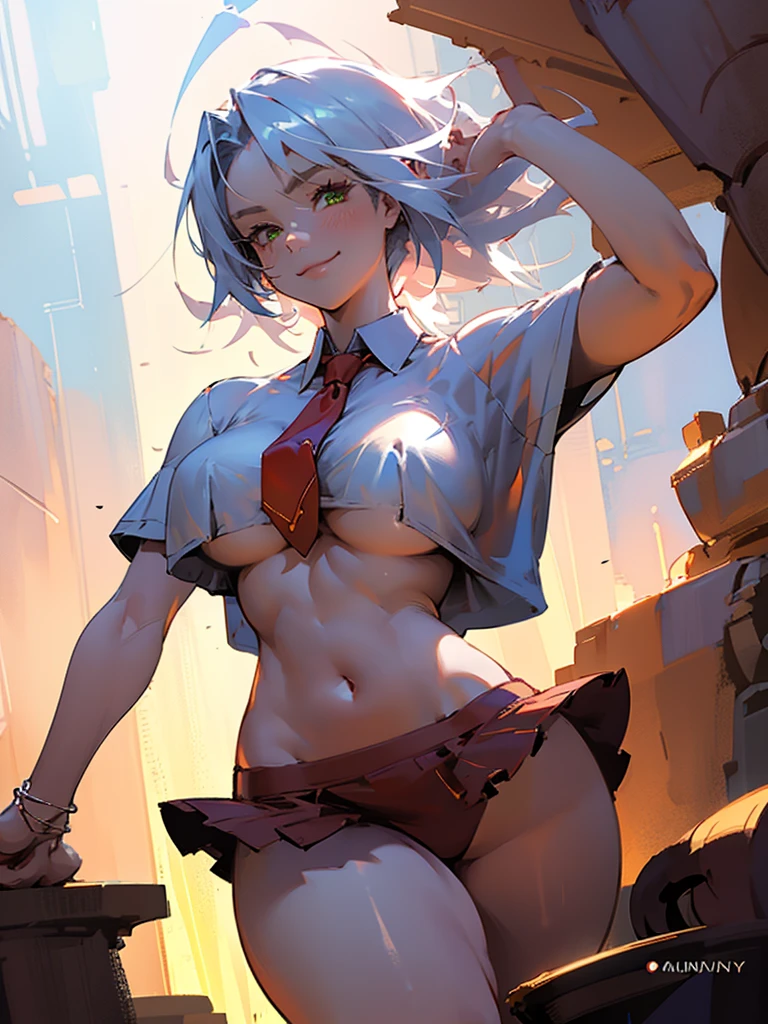 1 woman, 30 years old, wearing a classic , red tie, white semi-transparent shirt, black bra, extremely short red miniskirt, thick thighs, big green eyes, long and defined eyelashes, radiant smile, red cheeks, bluish-white hair with silver reflections, creamy white skin, mature body, thick thighs, wide hips, extremely large breasts, highly detailed, intricate details, extremely sharp, HDR, studio lighting, dramatic lighting, photorealistic, Joe madureira style