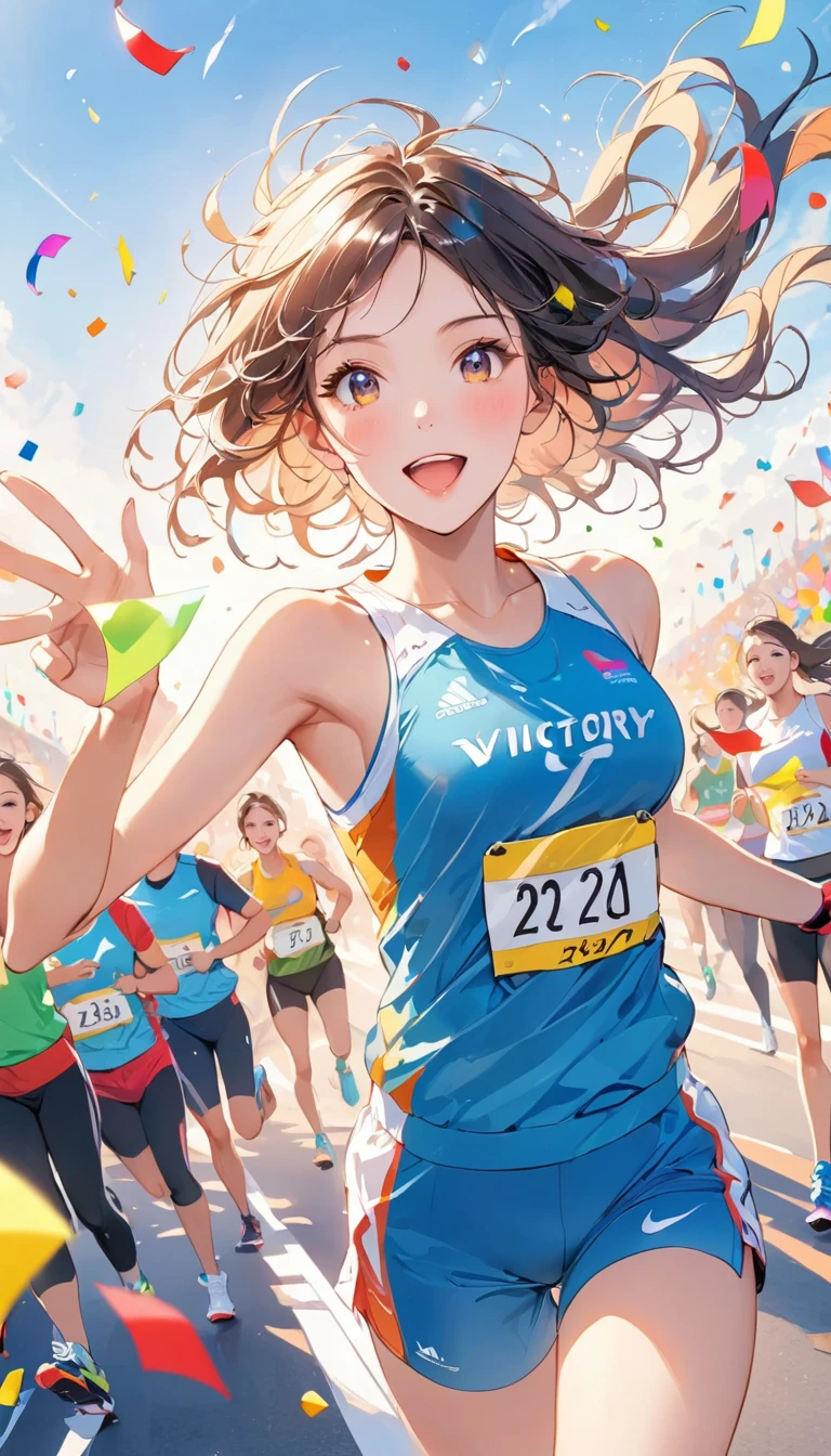 Wonderful moments,beautiful girl,Sports suit,Marathon sprint,victory,First Place,Colorful confetti in the air