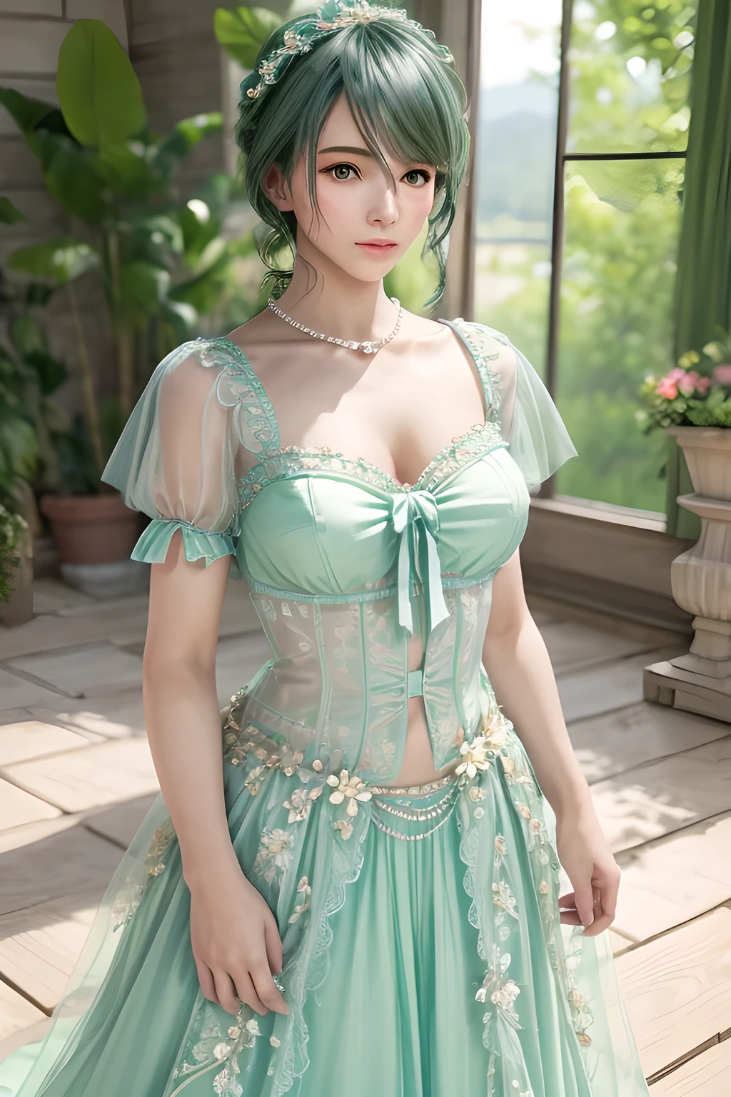 1girl,They wear a light green dress with sheer puff sleeves and a fitted bodice, tied with a light blue bow at the waist. The outfit exudes a feminine and sophisticated beauty, with a pearl necklace around her neck and flower accessories in her hair. The soft natural light creates a serene and elegant atmosphere, enhancing the overall composition. The background features floral elements and sheer curtains, adding an ethereal and springtime feel to the scene., (best quality,8k,highres,masterpiece:1.2),ultra-detailed,(realistic,photorealistic,photo-realistic:1.37),studio lighting,ultra-fine painting,sharp focus,physically-based rendering,extreme detail description,professional,vivid colors