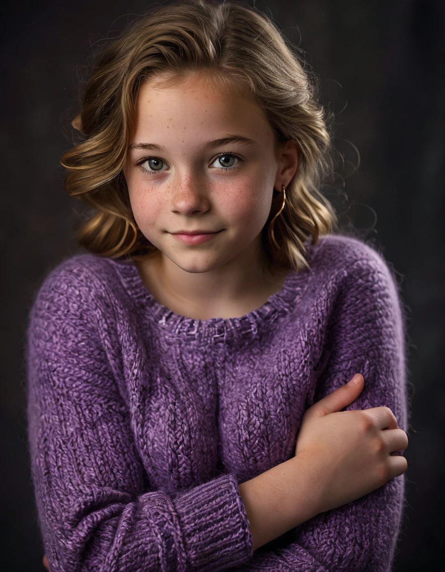 portrait, studio quality, DEN_emily_bloomMK2 posing for college photoshoot, shy smirk, dark grey expressive eyes, small freckles, purple knitted wool sweater, hoop earrings, expressive_h, porcelain natural skin texture, dark background, soft lighting from below