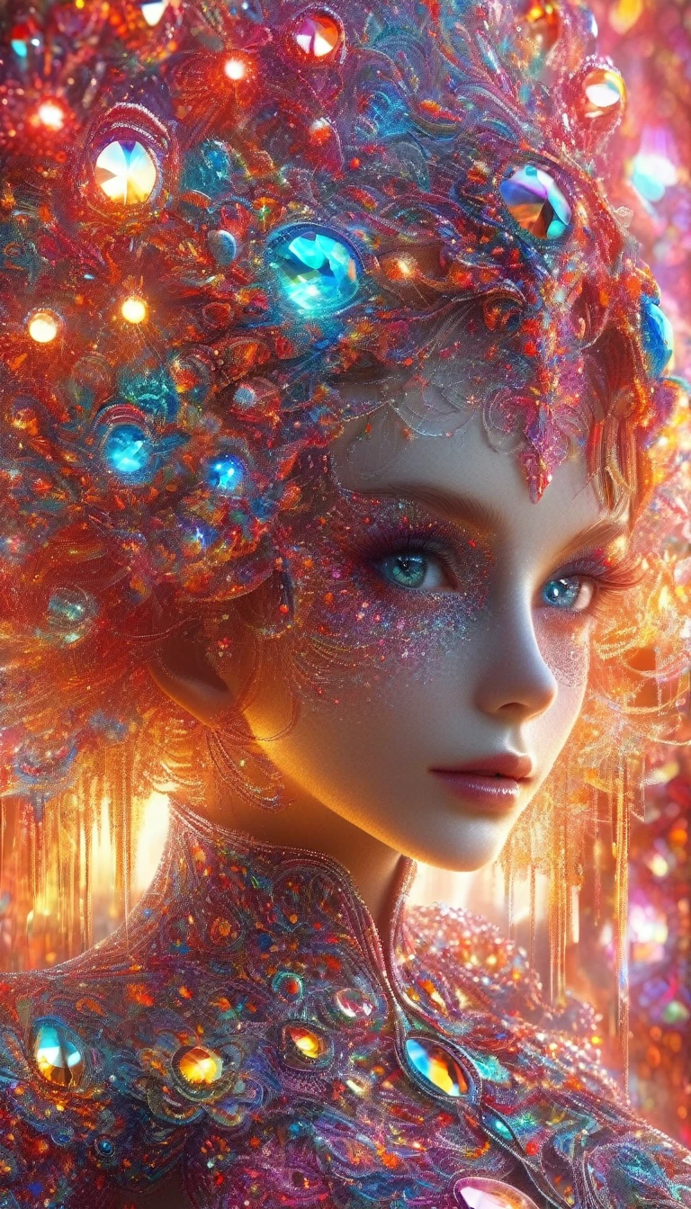 Close-up of the eyes, fractal，glowing，1girl，bling bling, veela, very fine luminous quantum dots, extraterrestrial