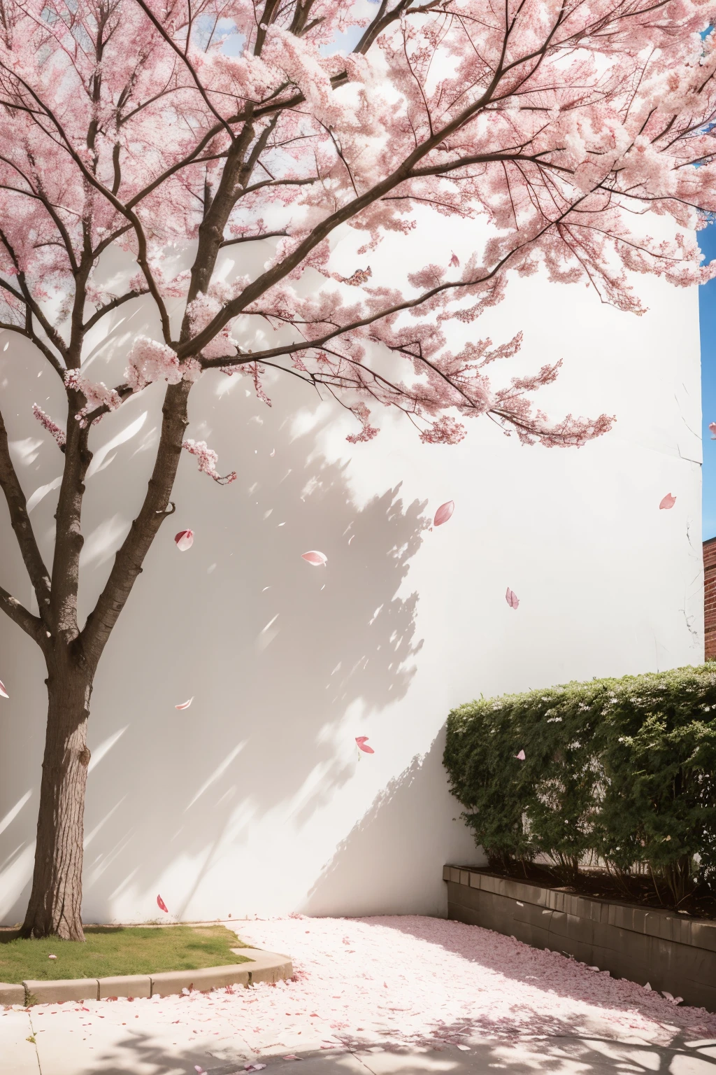 ((best qualityer)), white exposed brick wall, pink cherry tree branches with falling petals, some butterflies flying