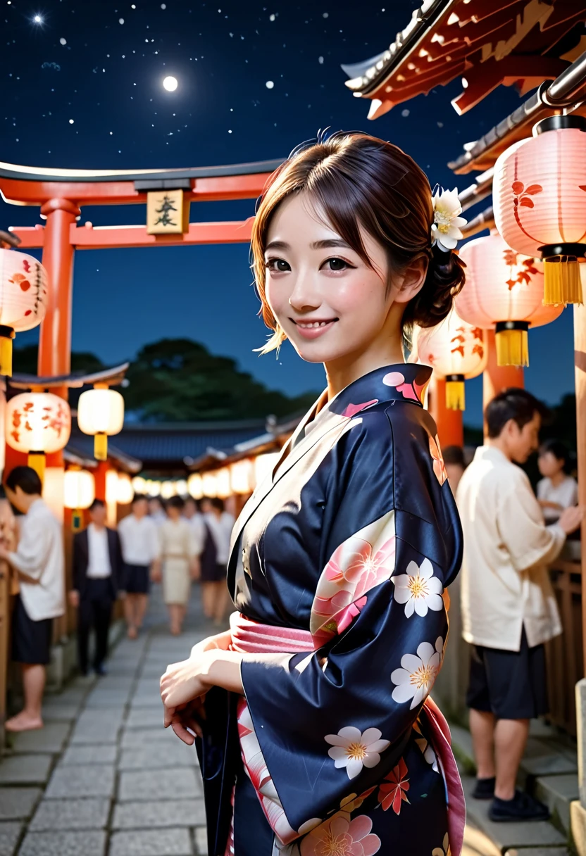Photorealistic, first-person view, Japanese summer festival at night, beautiful girlfriend in yukata smiling gently, holding hands, illuminated by lanterns, shrine grounds, torii gate and main hall visible in background, other yukata-clad visitors, food stalls, starry night sky, warm ambient lighting, high detail, soft focus, bokeh effect, cinematic composition, 8k resolution, HDR, romantic atmosphere, vibrant colors, subtle reflections, atmospheric perspective, traditional Japanese patterns on yukata