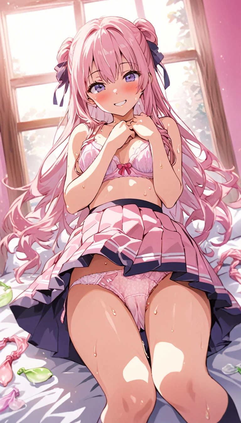Clear painting style、beautiful girl、、Girly Hair、Pink Room、Girly Fashion、Pleated skirt、Knee socks、Highest quality, smile,Lie down with your legs spread、girly panties、Girly Bra、Sweaty crotch、Low Angle、Cowboy Shot、Put your hands on your bra、Used Condoms