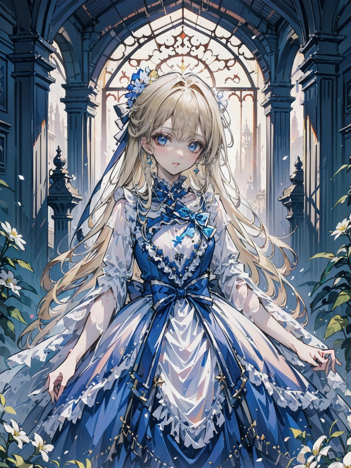 art：Cornflower,(masterpiece),(4K),high quality,(Perfect Anatomy),Flat Chest,((One girl)),(alone),Fairy,Long blonde hair,Pale skin,Beautiful and exquisite blue eyes, (Highly detailed elegant),(Detailed medieval costume),Detailed skin,Add a dramatic and symbolic element to your scene, Silky to the touch, Hyper Detail,romantic,Captivating smile, View your viewers, (Rich and colorful),(Walk through a field of white flowers),Quiet and dreamy atmosphere、It gives the whole scene a sense of warmth and charm.。,(Look at me sideways),From the side,Cinema Lighting