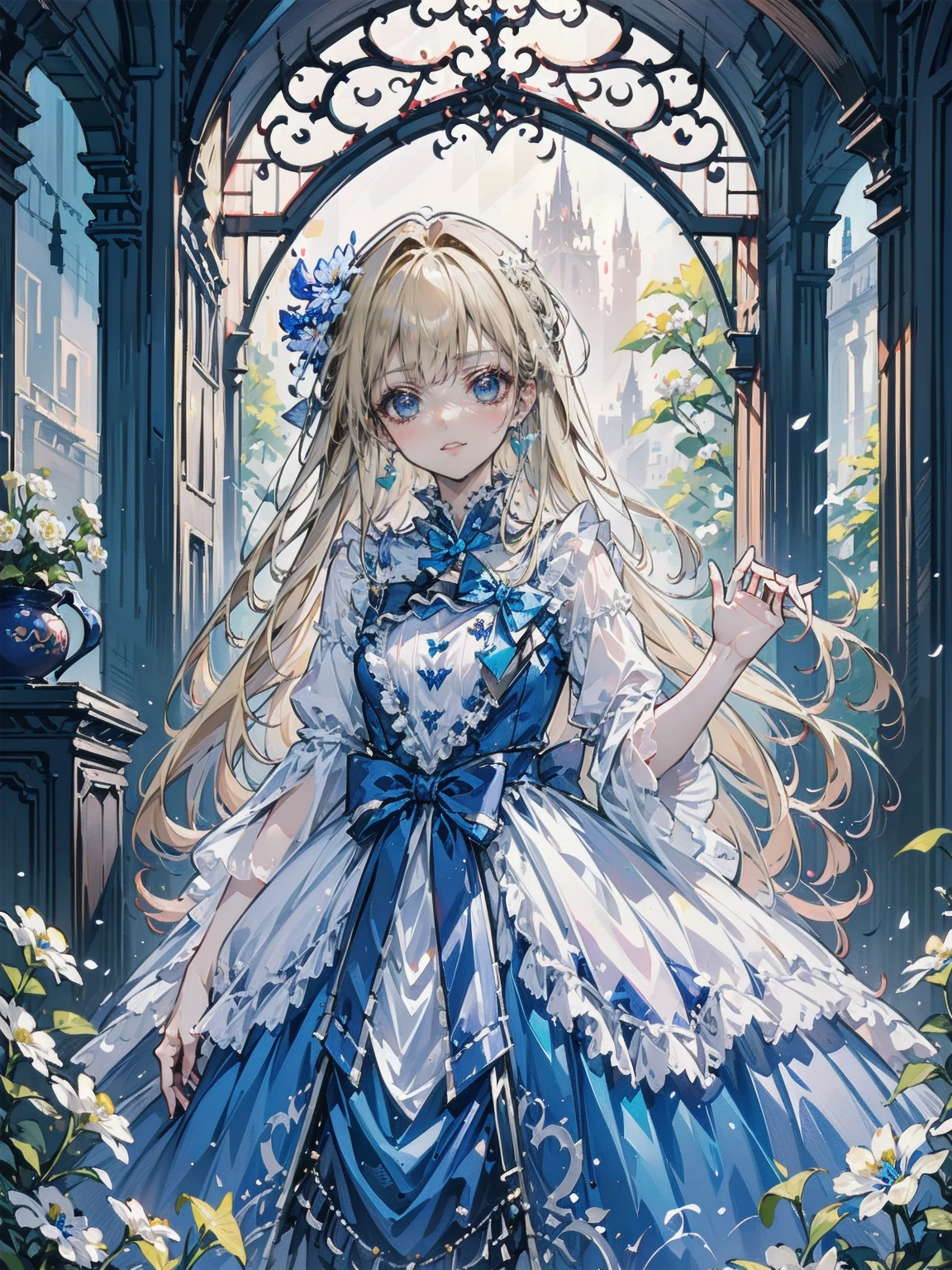 art：Cornflower,(masterpiece),(4K),high quality,(Perfect Anatomy),Flat Chest,((One girl)),(alone),Fairy,Long blonde hair,Pale skin,Beautiful and exquisite blue eyes, (Highly detailed elegant),(Detailed medieval costume),Detailed skin,Add a dramatic and symbolic element to your scene, Silky to the touch, Hyper Detail,romantic,Captivating smile, View your viewers, (Rich and colorful),(Walk through a field of white flowers),Quiet and dreamy atmosphere、It gives the whole scene a sense of warmth and charm.。,(Look at me sideways),From the side,Cinema Lighting