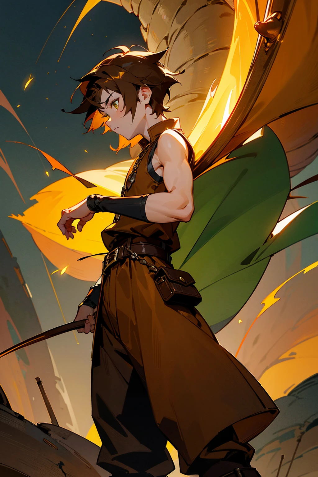 1male, short brown hair, amber eyes, dragon horn accessory, sleeveless green tunic with leather belt, baggy brown trousers, boots, medieval village background with fireflies, masterpiece, 8k, detailed face, hands to side, standing on path