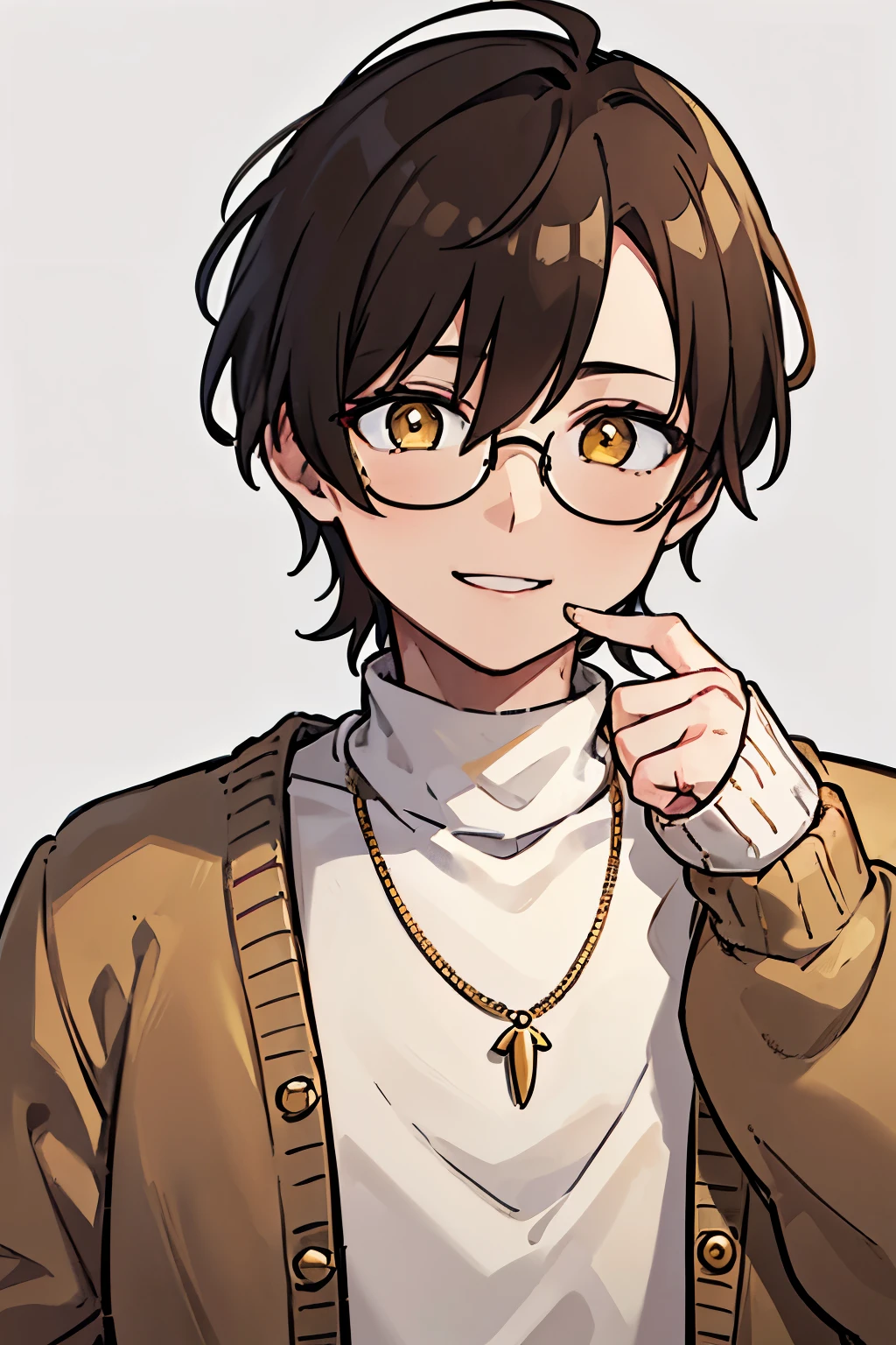 masculine boy, ash brown short messy hair, white beige turtleneck, yellow amber eyes, wearing an ashy brown cardigan on top of turleneck sweater, holding one hand up, simple white background, man, male, masculine, round glasses, gold necklace, smiling