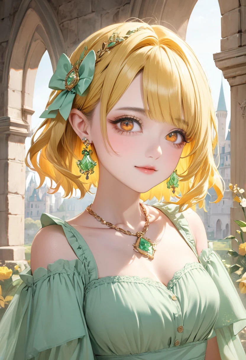 1 female short yellow hair Yellow eyebrows Orange Eyes: Social Debut Pastel green long dress Inside the castle Ribbon hair ornament Earrings and matching necklace