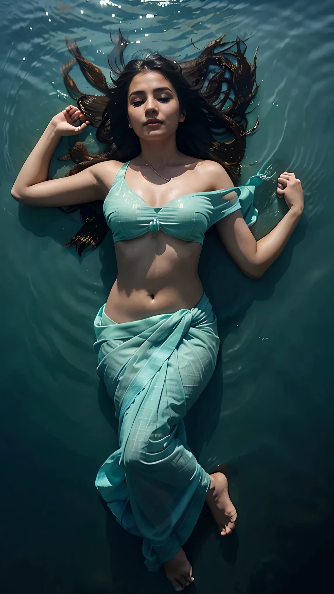 A Girl wearing thin and sexy saree and floating in the ocean in a sleeping position.