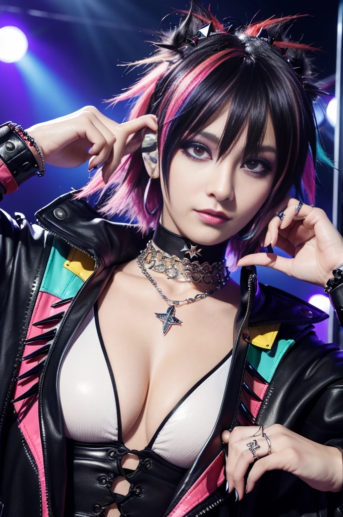(masterpiece:1.4), (best quality:1.4), ultra high res, ultra high resolution, ((ultra detailed facial features)), HDR, (realistic, photorealistic, photo-realistic:1.37), (1 man), full body Esbian, (sexy Swedish male), (-anime), vivid colors, ((vivid colors multicolor (Visual Kei style spikes very short hair))), (big smile), ultra detailed glam rock makeup, bold lipstick, long lashes, defined eyebrows, wearing large Visual Kei jewelery, wearing a Visual Kei cosplay, ((vivid Visual Kei outfit)), layered clothing, choker, rings, bracelets, piercings, look at the camera, cinematic light, rockstar festival stage background with multicolor lights, sweet and sexy pose